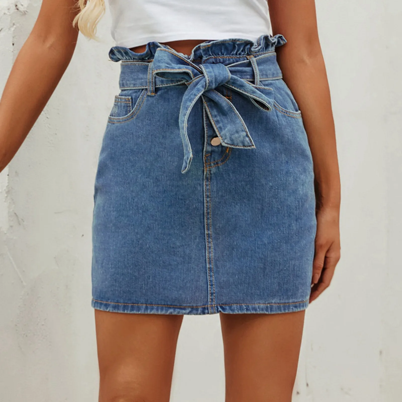 

Skirt Denim High Women's Hip Bag Lace-up Casual A-Line Waist Skirt