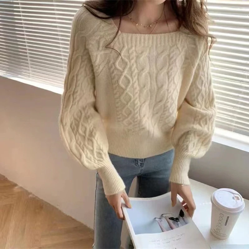 

Sexy Square Collar Lantern Sleeve Knitted Sweater Women Trendy Simple All-match Pullover Sweater Female Winter Base Tops