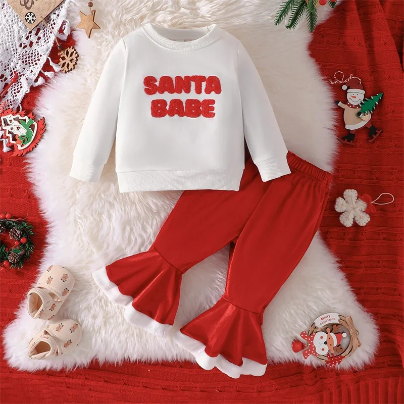

Рождественские наряды для маленьких девочек, пушистый свитшот с круглым вырезом и Бархатные расклешенные брюки, комплект из 2 предметов, детская Рождественская одежда