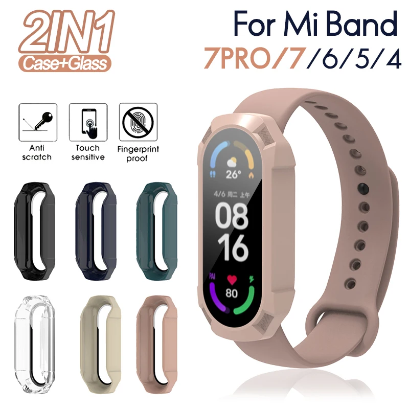 Защитное стекло экрана и чехол для Xiaomi Mi Band 7PRO 7 6 5 4, защитный браслет для PC, 2 в 1 умный чехол для часов с полной защитной пленкой.