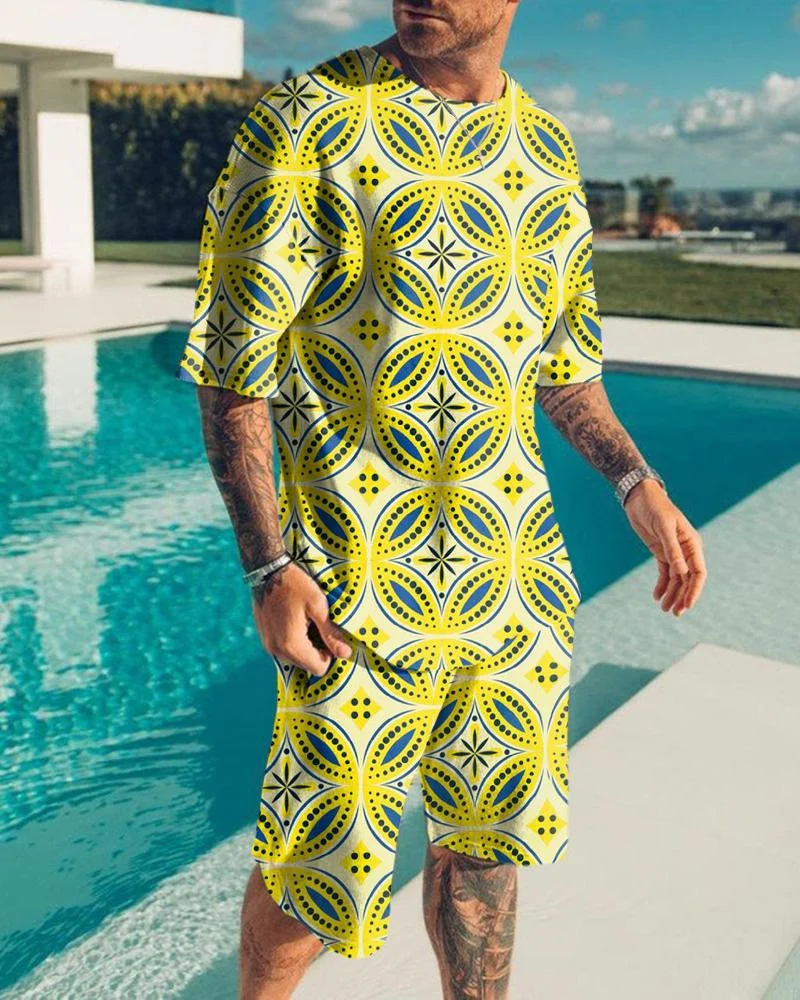 2023 Men's Set Streetwear 3d Print Short Sleeve Shirt Shorts Sets Summer Fashion Suit Crewneck Sportswear Man Oversized Clothing