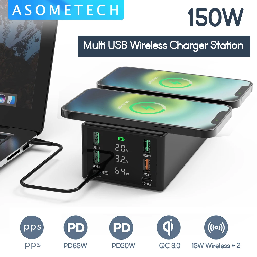 150w multi usb charger hub 65w pd3 0 qc4 0 3 0 fcp fast charging station dual qi wireless charger dock for iphone 12 ipad laptop free global shipping