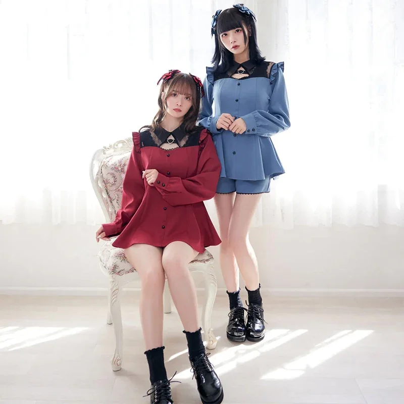 Кружевная блузка с длинным рукавом в японском стиле приталенная рубашка