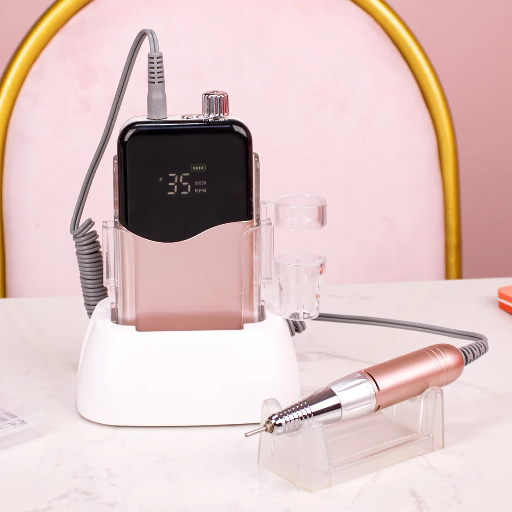 

Nail Drill Machine 35000 RPM Portable Electric Nail File Rechargeable Manicure Set Light Rose Gold with Portable Base Cordless