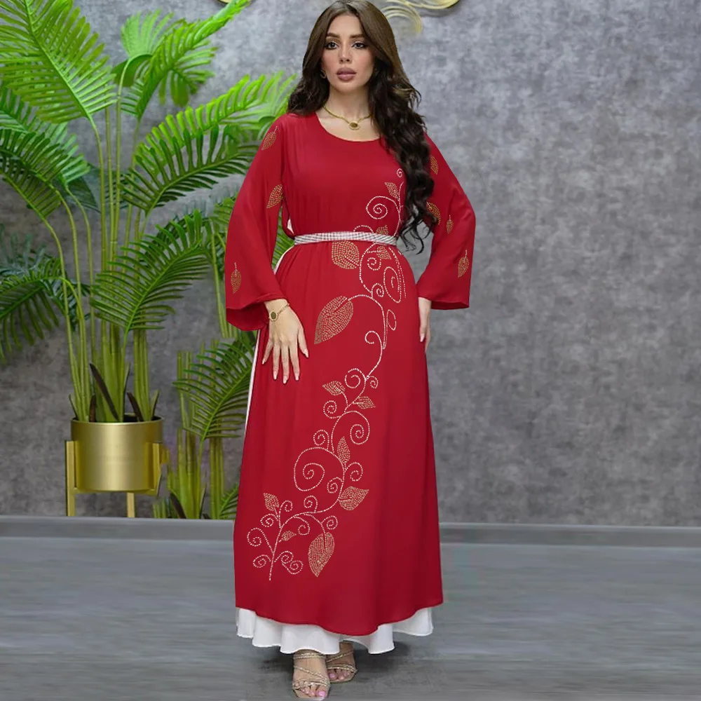 2023 Spring Summer Muslim Women Long Sleeve O-neck Polyester Green Pink Long Dress Abaya Dress Muslim Fashion Dress