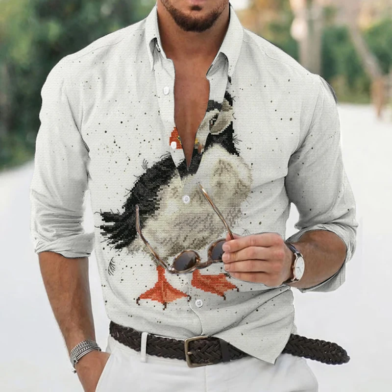 

Рубашка мужская с длинным рукавом, Повседневная блузка из полиэстера, с цветочным принтом и птицами, на пуговицах, одежда на осень