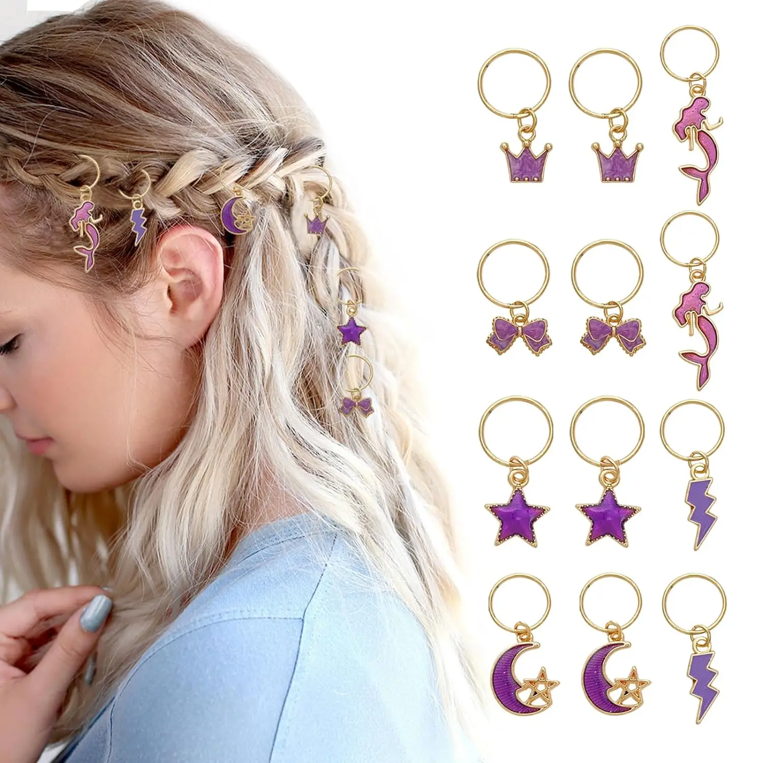 

12Pcs Purple Dolphins and Mermaids Hair Rings Pendant Hair Jewelry for Braids & Dreadlocks Hair Accessories for Women & Girls