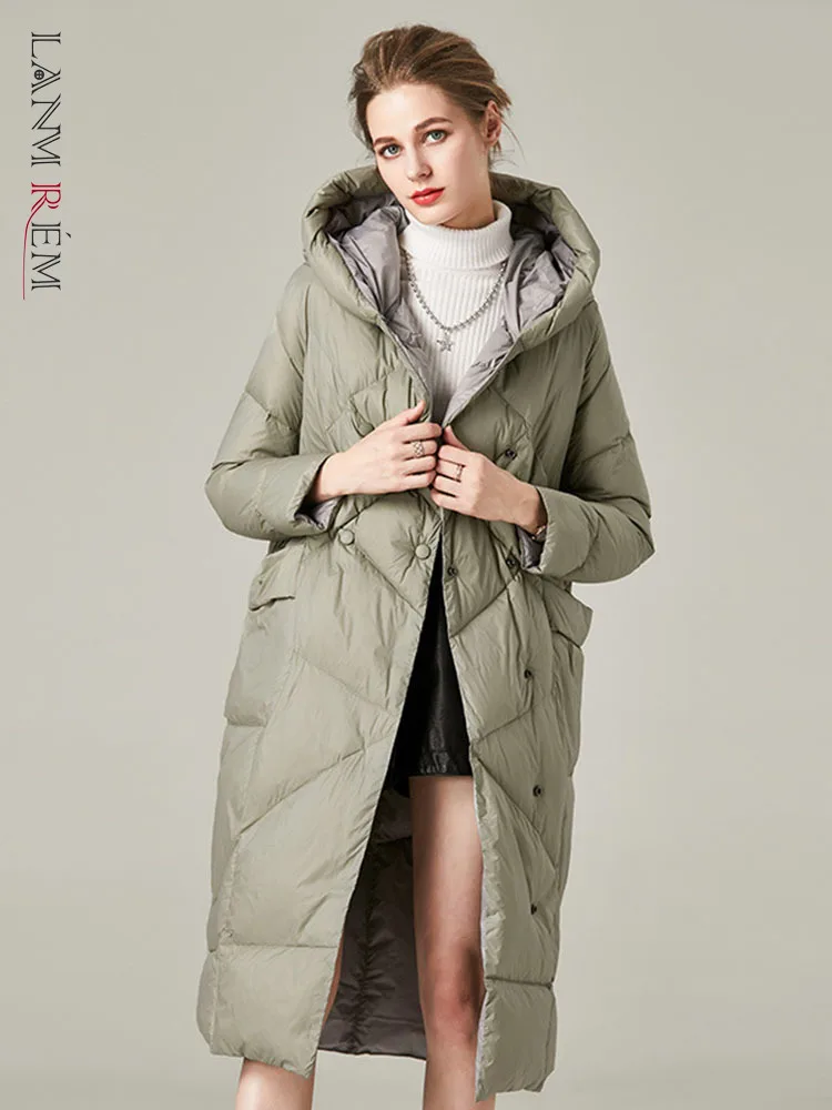 

LANMREM Women's Medium Length Thickened Loose Hooded Coat Double Breasted Solid Color Warm Fashion Coats 2023 Winter New 2R3398