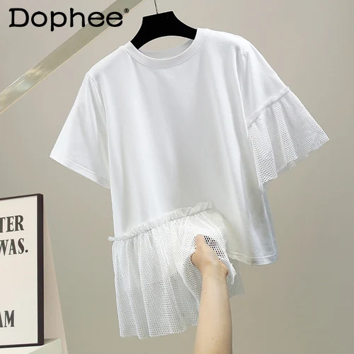 

Fashion Irregular Tshirt for Women Summer 2022 Personality Hollow Out Mesh Stitching Pullover Short Sleeve Tshirts Grey Top