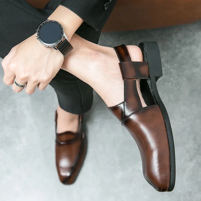 Сандалии мужские с перфорацией кожа без застежки Повседневная пляжная обувь