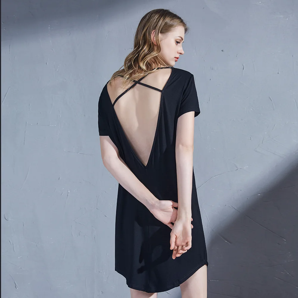 

Nightdress for Women Sexy Backless Solid Modal Thin Comfortable Nightgown Short Sleeve Sleepwear Womens Mini Sleepdress Vestidos