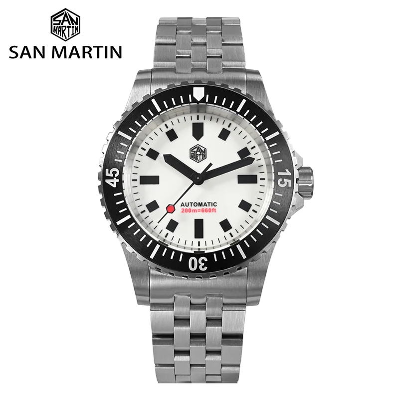 

San Martin Mens Luxury Watches Military Automatic Mechanical Wristwatch 200M Waterproof BGW-9 Luminous Steel Strap Ceramic Bezel