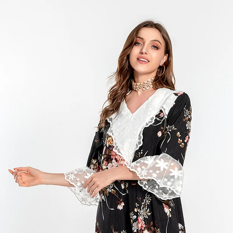 Casual Traditional Festival Muslim Round Neck Lace Print Loose Long Temperament Dress Abayas For Woman Robe Femme Musulmane
