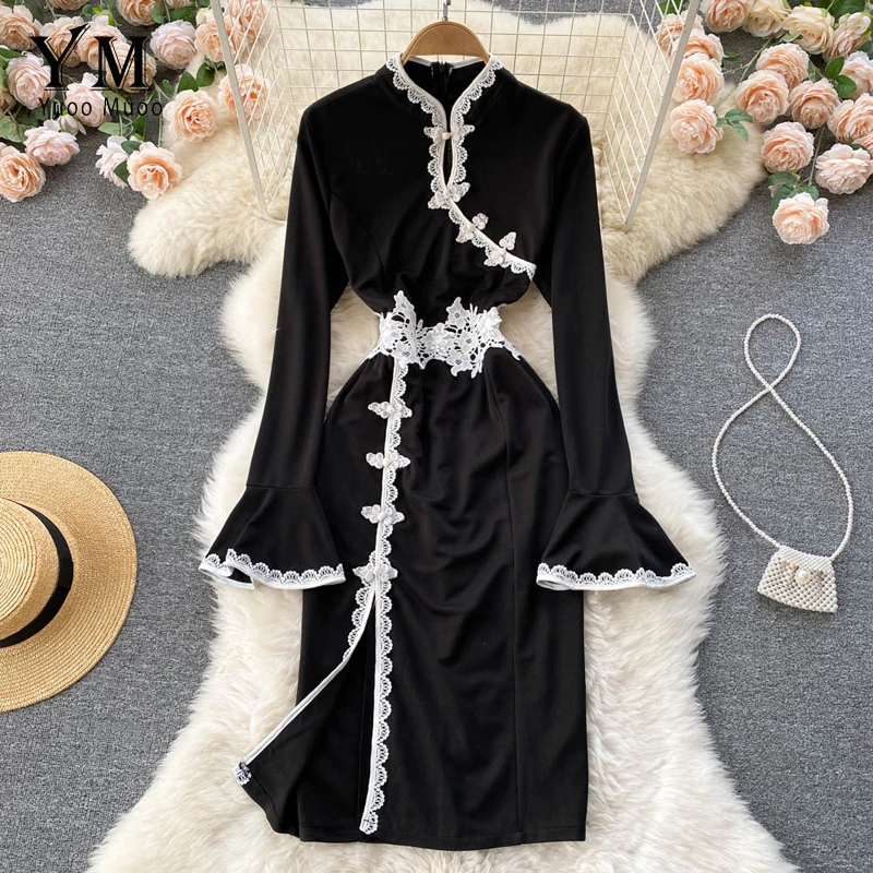 

Элегантное Черное женское платье YuooMuoo в стиле ретро, кружевное лоскутное вечернее платье, модное облегающее платье с разрезом Y2K