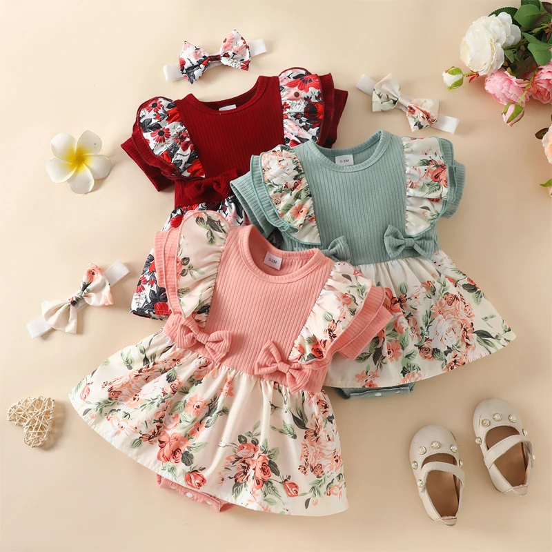 Summer Newborn Baby Girl Clothes Short Sleeve Skirt Flower Pit Strip Flanged Leaf Edge Onesie 3-18 Months Baby Bodysuit