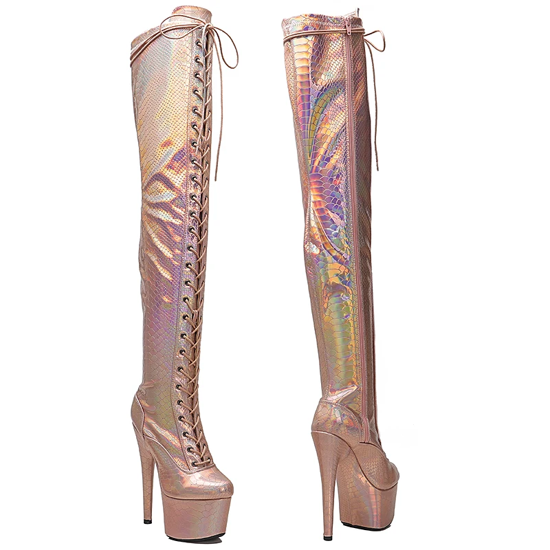 Leecabe Shinny Gold PU 17CM/7inches Pole dancing shoes High Heel platform Pole Dance boot