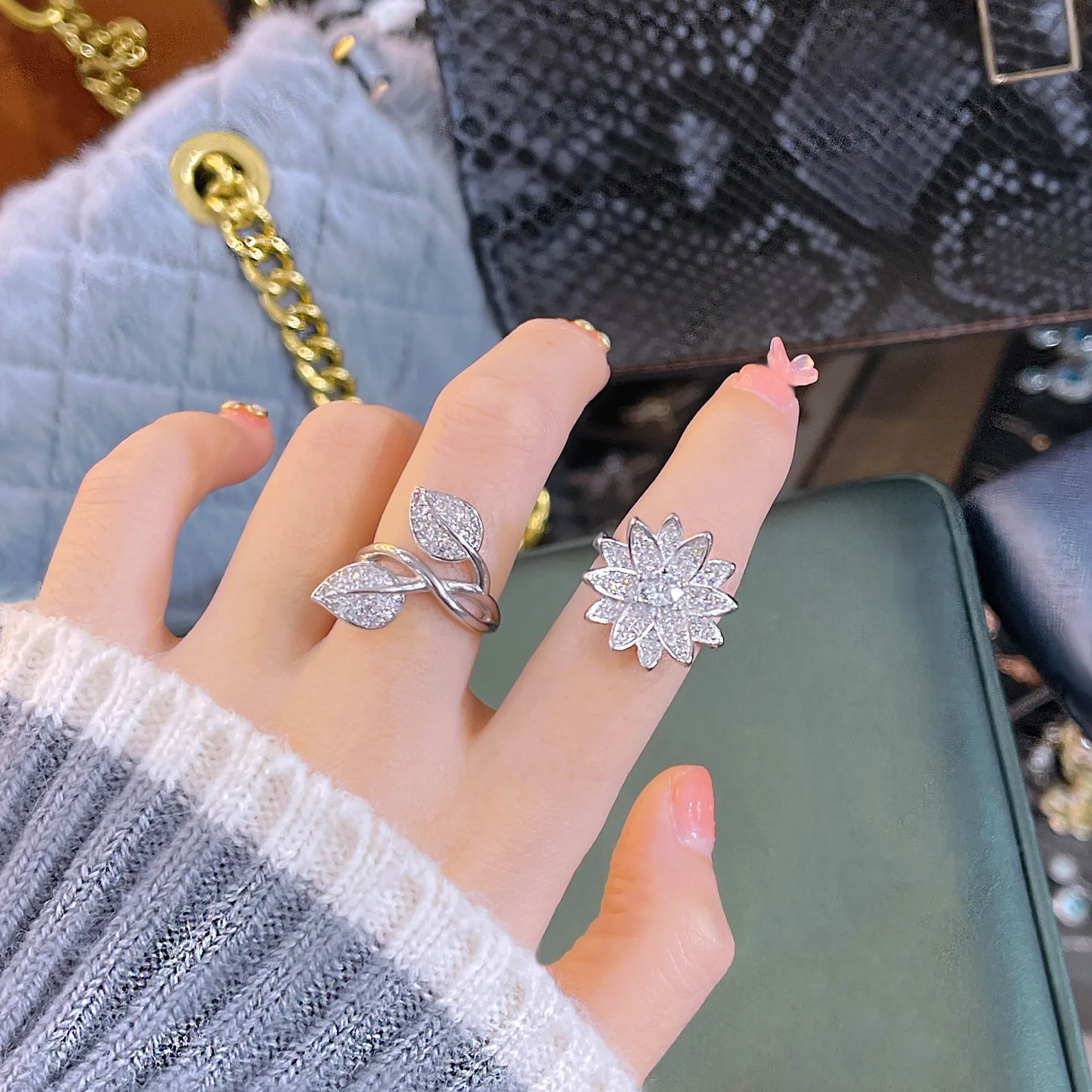 

925 silver light luxury slightly inlaid with zirconium leaves fashion opening ring temperament ring female party birthday gift