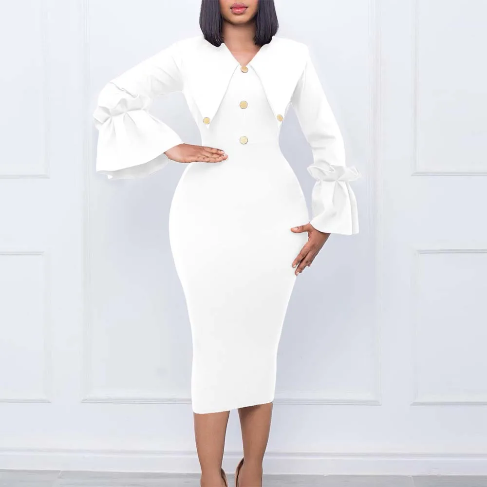 

Elegant Office Ladies Bodycon Dresses Turn Down Collar Flare Sleeve Button Sheath Package Hips Mid Calf Formal Business Work Hot