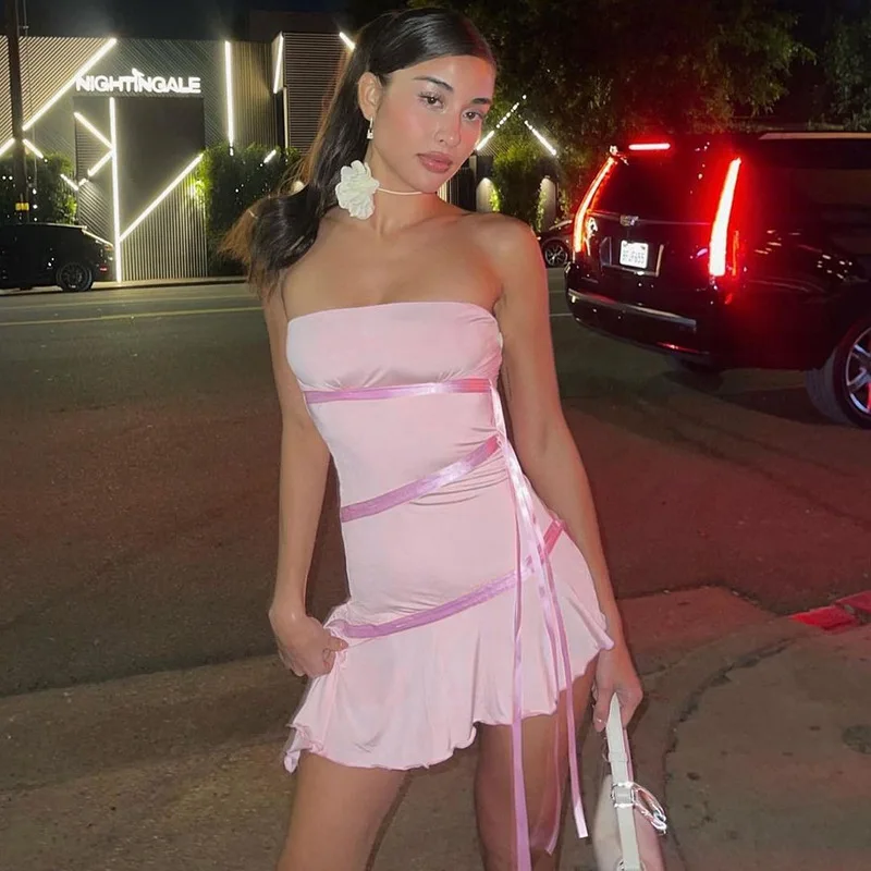 

Y2K Sexy Pink Backless Dresses High Elastic Strapless Ribbon Ruffles Women Dress Female Summer Skinny Hot Party Dress