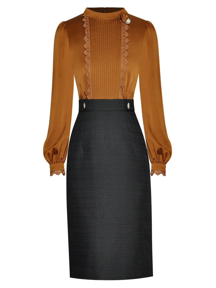 

Женское платье-карандаш с круглым вырезом, длинным рукавом и высокой талией