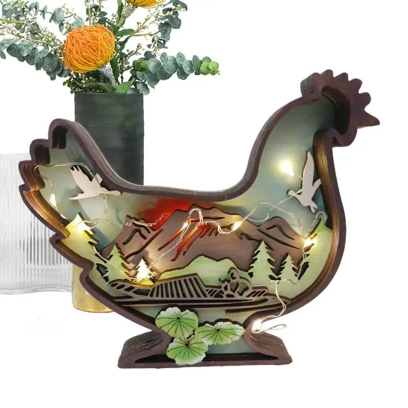 

Деревянная статуя курицы, искусственное животное, 3D резьба по дереву, ручная работа, многослойная полая резьба, 3D куриные украшения для дома