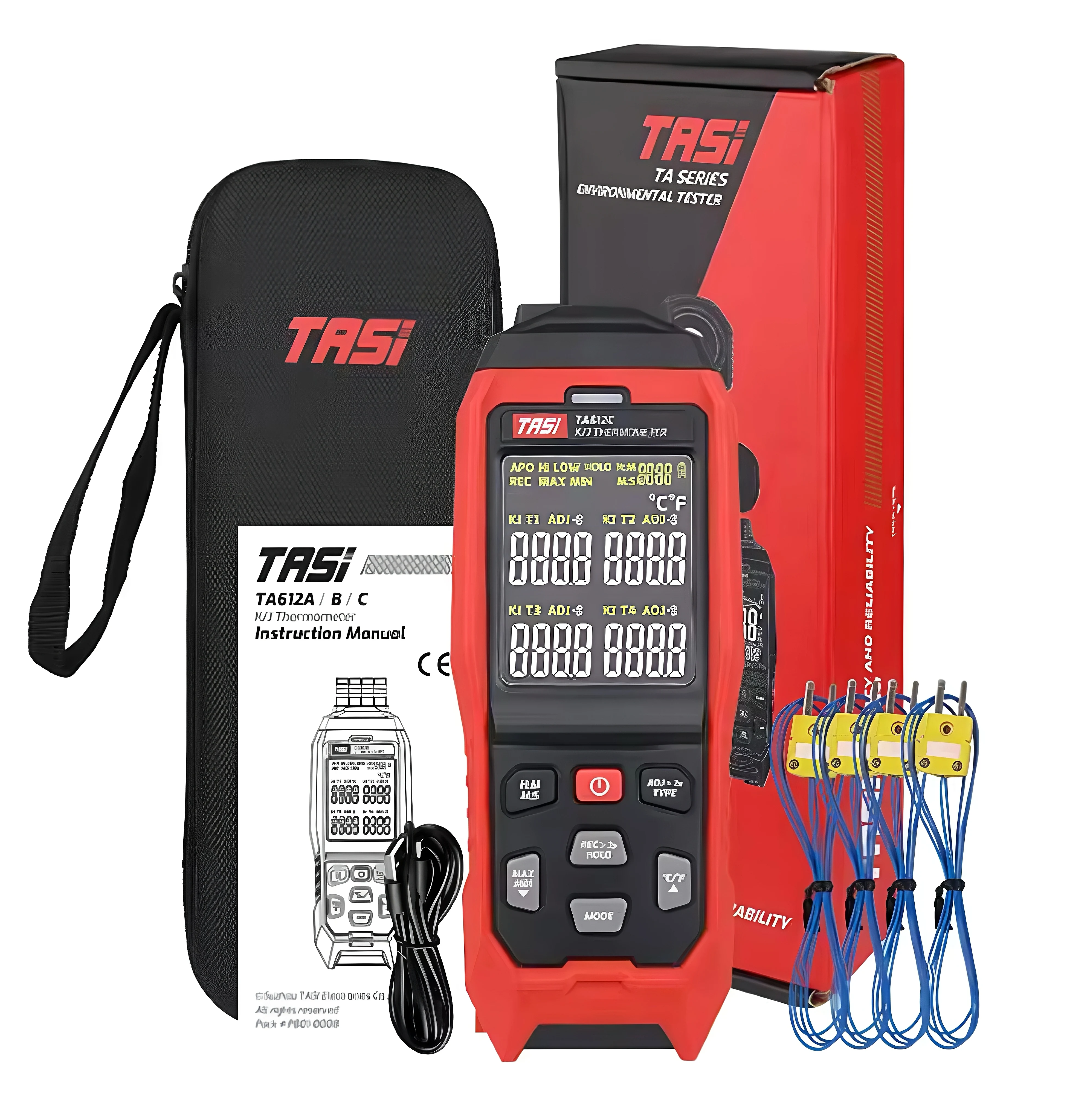 

4-канальный термометр K-типа, от -328 до 2502 ° F-термометр HVAC с цветным двойным дисплеем и экспортом данных USB