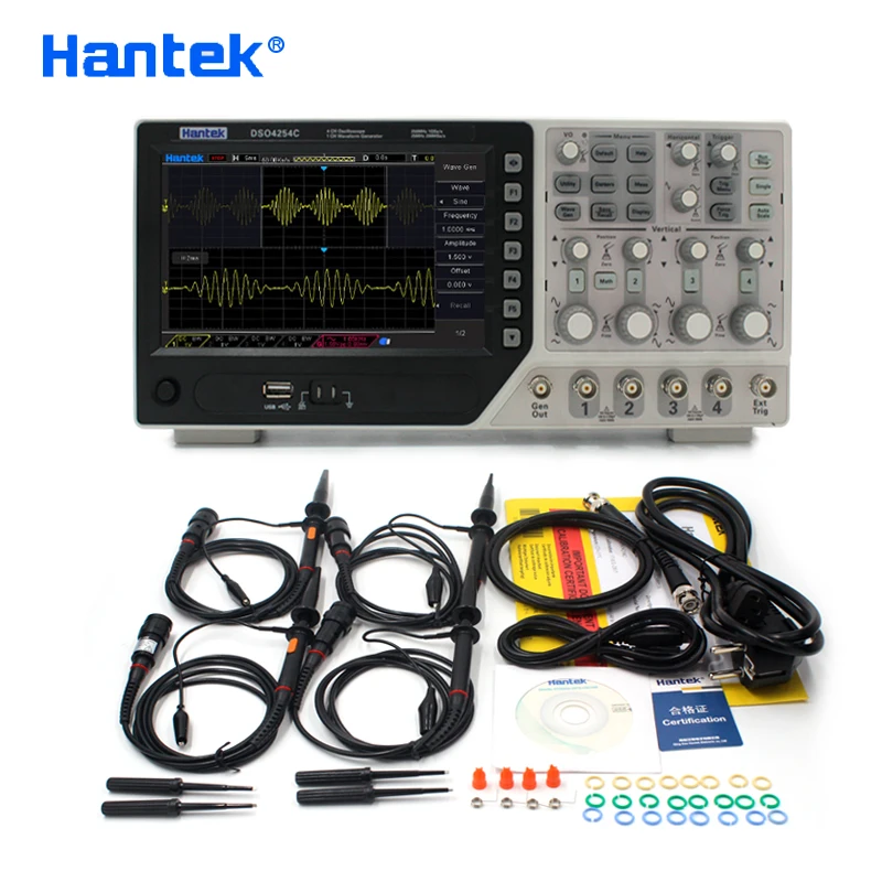 

Цифровой осциллограф Hantek DSO4254C, портативный 4-канальный 250 МГц ЖК-ПК + EXT + DVM + с функцией автоматического выбора диапазона