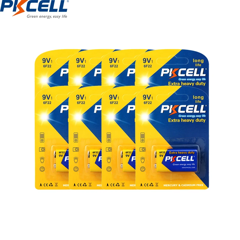 

8Pack PKCELL 9V 6F22 6LR61 Super Heavy Duty battery Primary electronic thermometer Battery as PP3 6F22 6LR61 MN1604 9v batteries