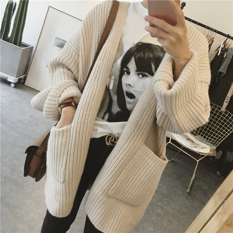 

Cardigan Autumn Winter Women Solid Knit Lady Cardigans Sweaters V-neck Loose Casual Knitted Coat Fashion Korean Style Clothing