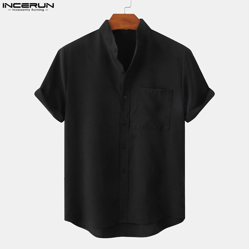 

Casual Simple Style Men Retro Standing Collar Two-color Short-sleeved Shirt Streetwear All-match Blouse S-5XL INCERUN Tops 2023
