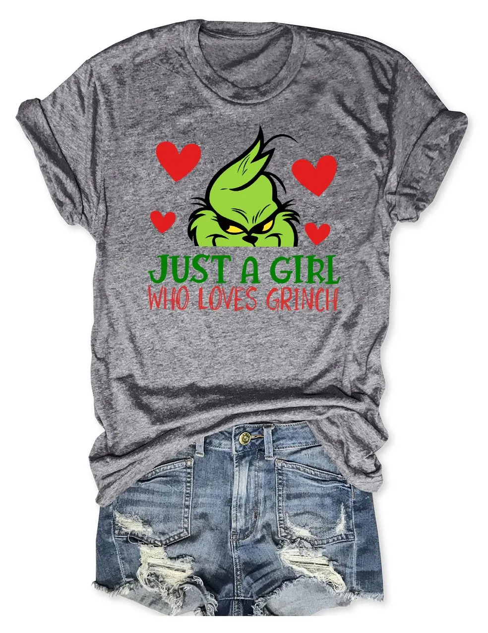 Rheaclot Just A Girl Who Loves Grinch Christmas Women's Cotton T-shirt Ladies Graphic Tee Tops