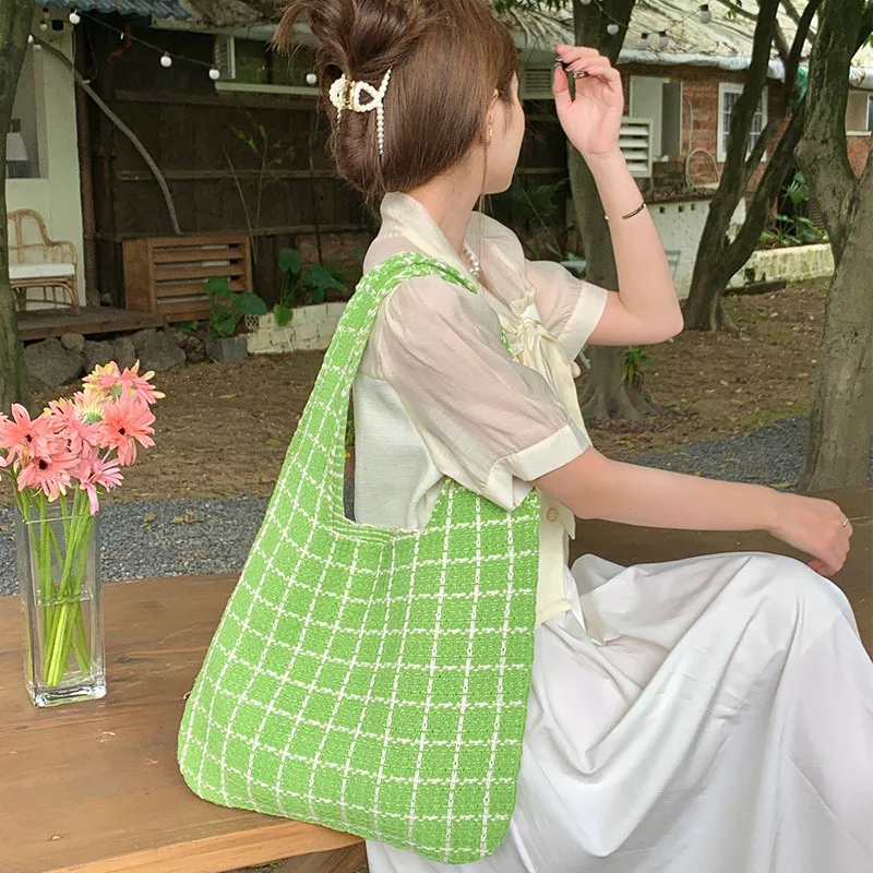 Black and White Plaid Shoulder Shopping Bag Designer Women's Korean Street Style Casual Tote Summer Trend Bright Color Wholesale