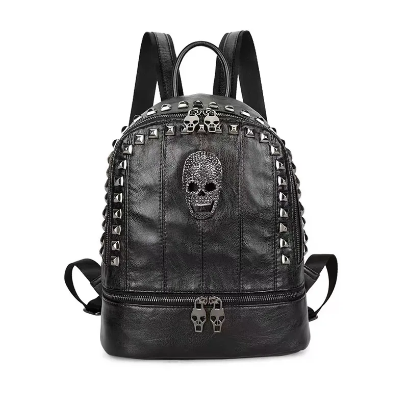 WR Designer Women Backpack Pu Vegan Leather Daypack Casual Punk Style Backpacks Skull Rivet 2022 Laptop mochila feminina