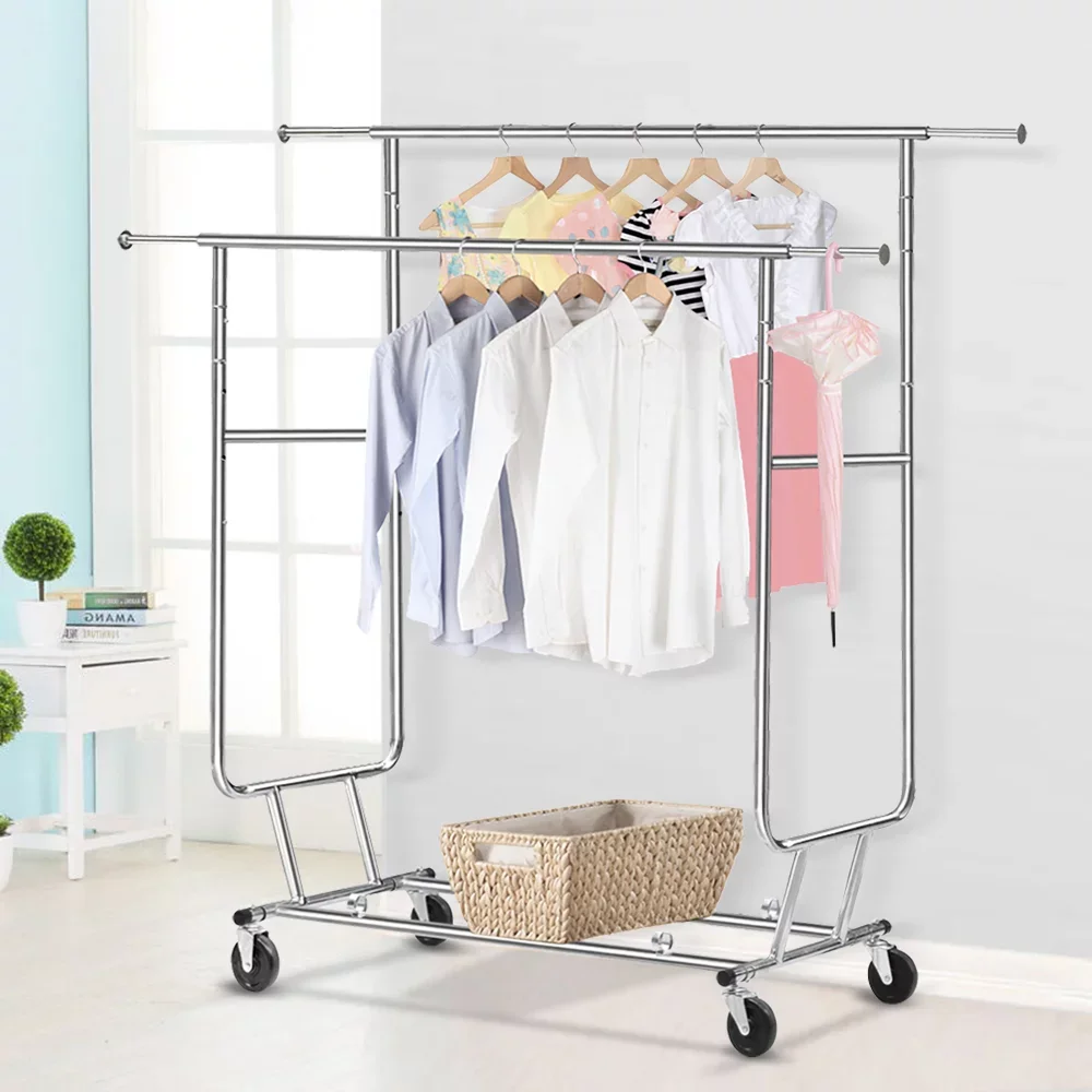 

Collapsible Garment Rack, Metal, Silver Hangers for Clothes Bedroom Closets