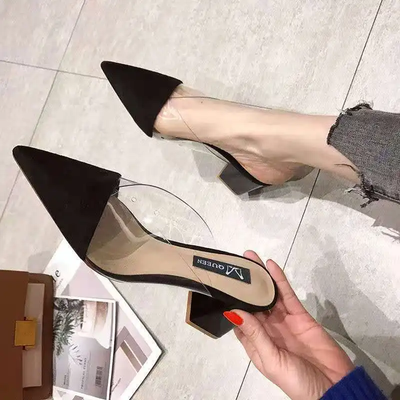 

Pointed Toe Suede Square heel High heels Muller slippers women 2019 summer shoes women Fashion Patchwork Shallow ladies shoes