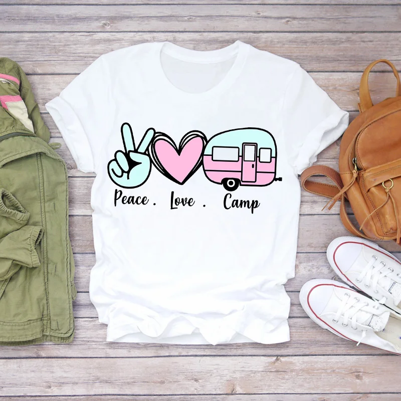 

Women T-shirts Love Happy Camper Fashion Short Sleeve Summer Autumn 90s Print Lady Womens Graphic T Top Shirt Female Tee T-Shirt