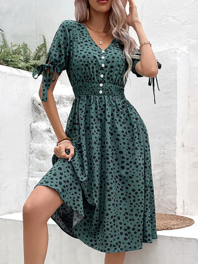 Green Leopard Print Vneck Dress Women 2023 Summer Loose Breathable Fashion Short Sleeve Midi Dress Women Waist Slim Casual Dress