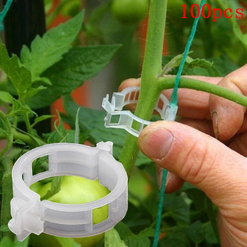 

100Pcs Plastic Trellis Tomato Clips Supports Connects Plant Vines Trellis Twine Cages Greenhouse Veggie Garden Plant Clip