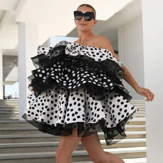 

Strapless Puffy Party Dress Mini Dress Elegant Dresses For Women Plus Size Dress Woman Layered Summer Dress With Dot Fashion