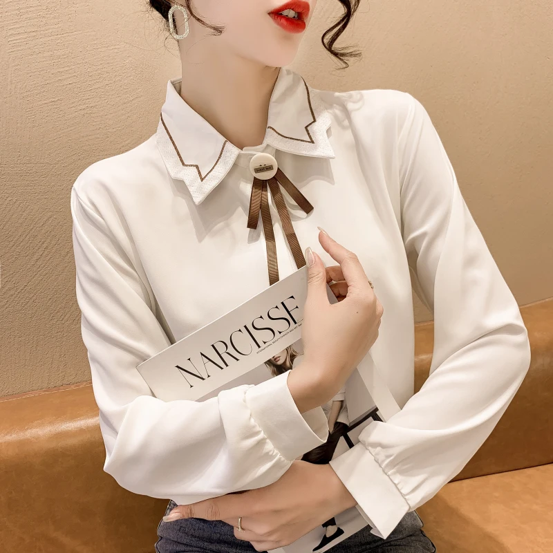 

Chikichi 2022 Spring New Fashion Design College Style Bow Tie Bottoming White Long-sleeved Shirt Women Korean Fashion