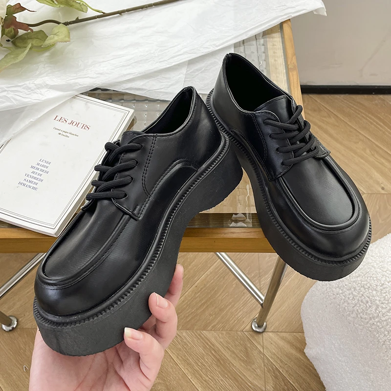 2023 Spring Autumn Women Oxford Shoes Flat on Platform Casual Shoes Black Lace Up Leather Shoes Sewing Round Toe Zapatos Mujer
