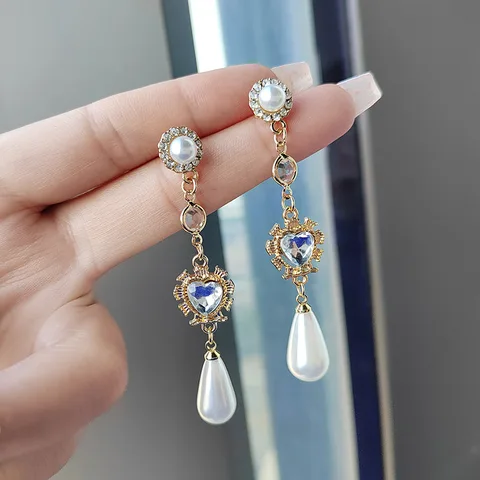 Жемчужные серьги для женщин, модные длинные серебряные серьги в стиле ретро с цирконом, сердцем и подвеской в виде капли воды, жемчужная подвеска