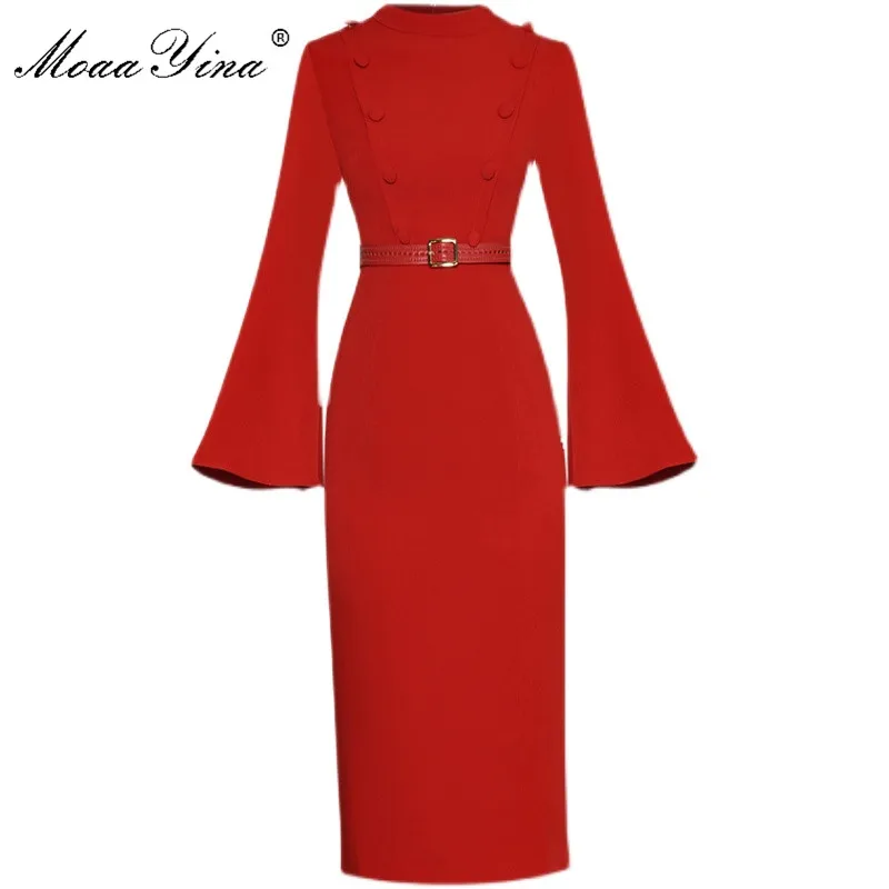

MoaaYina Fashion Designer dress Spring Women's Dress Stand collar Flare Sleeve Double Breasted Lace-up Red Dresses
