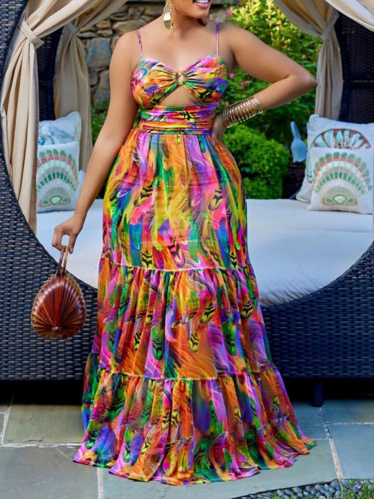 Summer new long dress slip print sexy fashion style swing skirt party dresses plus size dresses