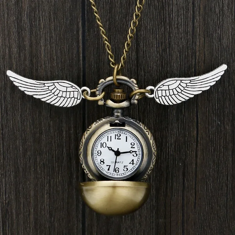 Vintage Snitch Ball Shaped Quartz Pocket Watch Lovely Sweater Angel Wings Necklace Chain Gifts for Men Women kids