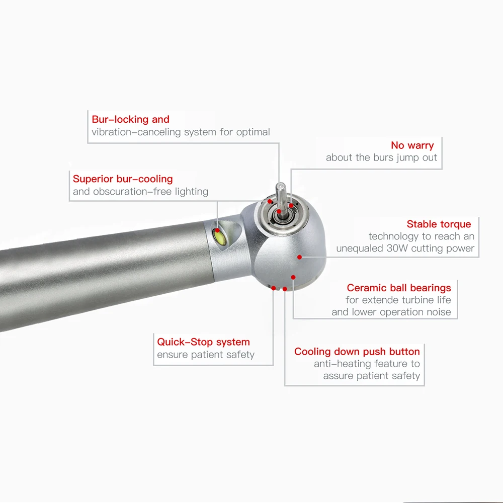 Dental High Speed Handpiece E-generator LED Light Ceramic Bearing Push Button 4 Water Spray 2 Holes / 4 Holes Optional