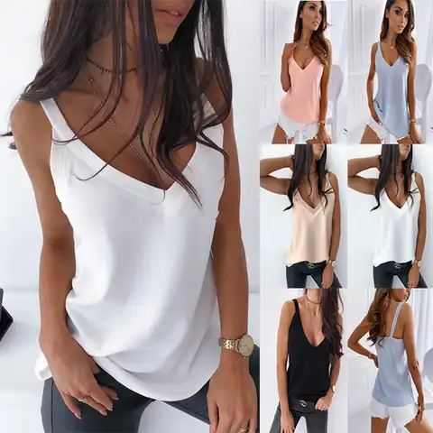Women Tank Tops Camisoles Summer Sexy V-Neck Sleeveless Blouse Shirt Elegant Solid Loose Hollow Out Tops Lady Off Shoulder Blusa