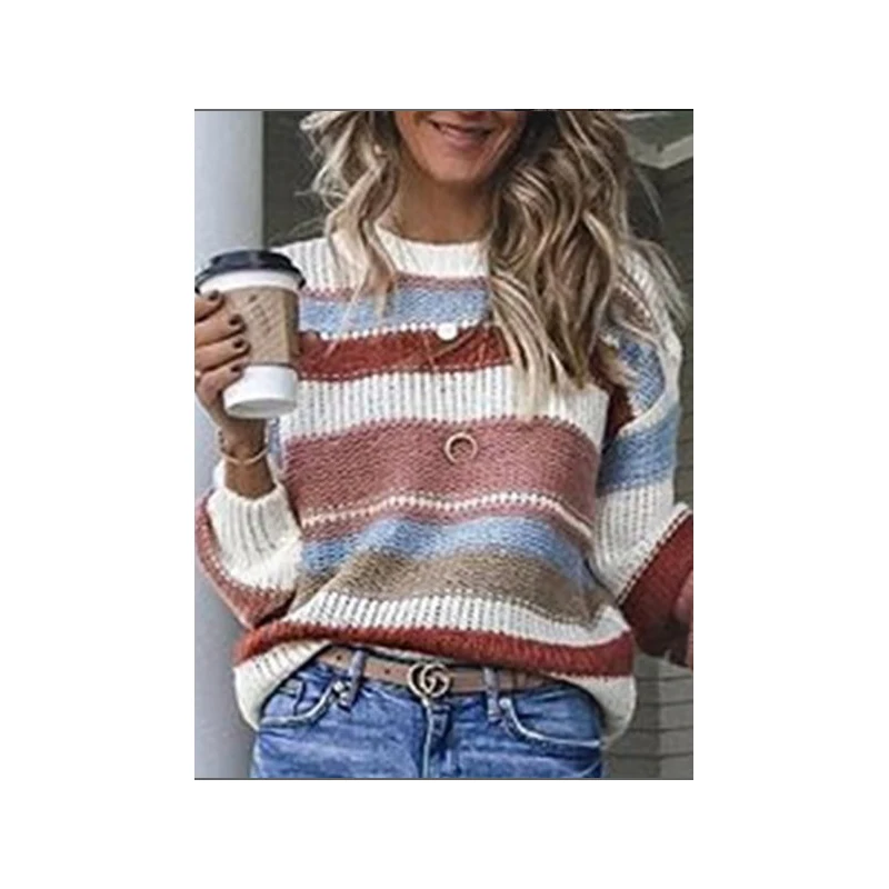 Autumn And Winter Multicolor Striped Long Sleeved Sweater Women'S Fashion Long Sleeved Sweatshirt Cotton Pullover Casual Sweater