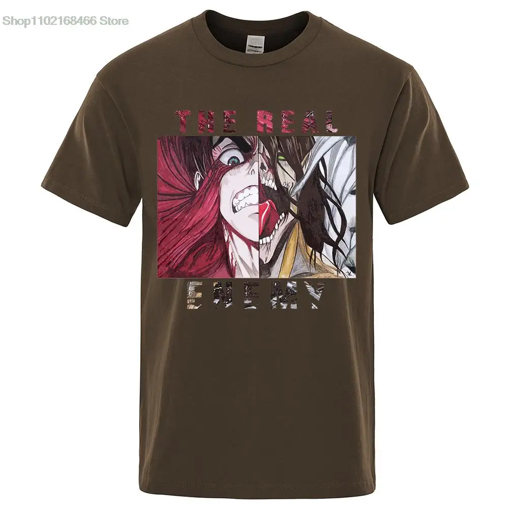 

Attack On Titan The Real Enemy Short Sleeve Mens Cartoons Cotton Tshirt Summer High Quality Clothing Fashion Oversize T-Shirts