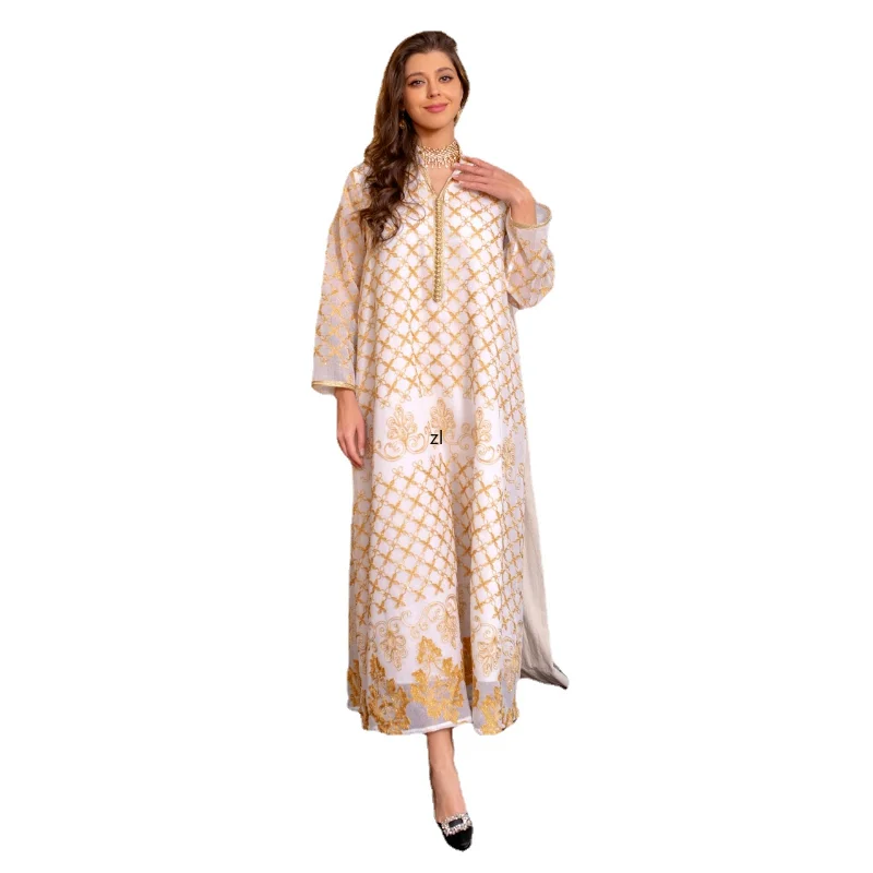 Dresses For Woman 2023 Retro Floral Embroidered Belted Long Dress Moroccan Kaftan Dubai Abaya Muslim Jalabiya Ramadan